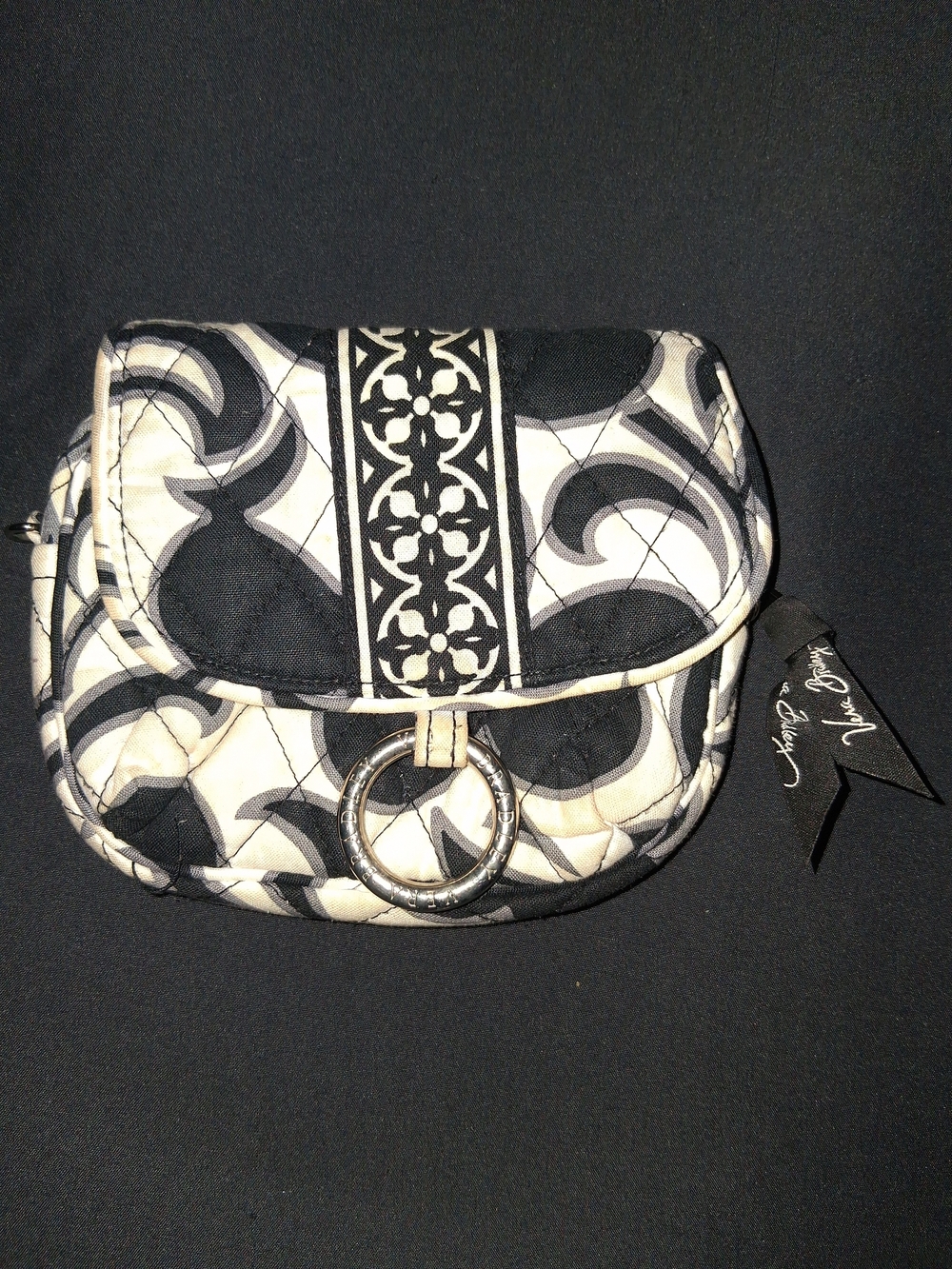Quilted Black & White Patterned Wristlet Clutch with Decorative Ring